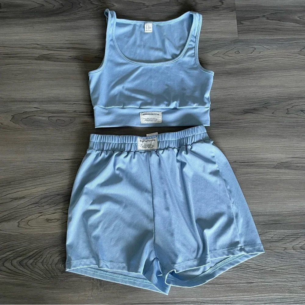 Women’s Blue Lounge Set XS Matching Sports Bra Shorts Soft Ribbed Activewear